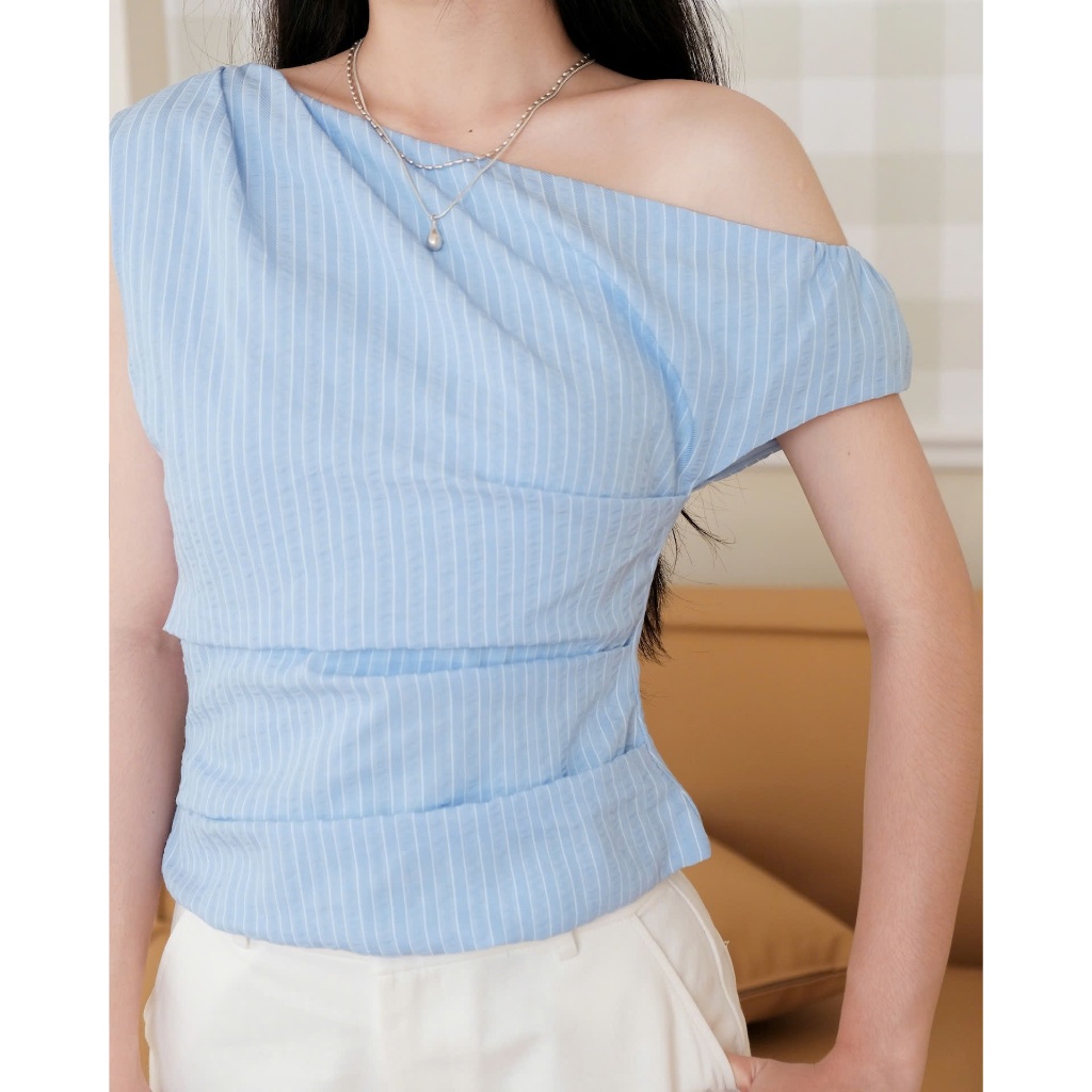 Áo Nữ TULEY TOP Trễ Vai Họa Tiết Kẻ Sọc Chiết Eo Tôn Dáng SECODEE
