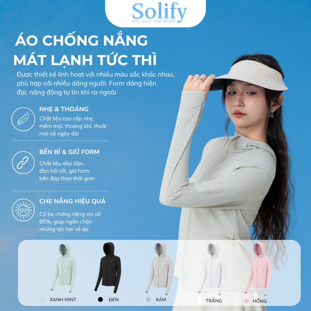 SOLIFY Áo Chống Nắng Slim Ôm Body UPF50+ Có Nón Khóa Kéo Mát Lạnh Thoáng Khí Thấm Hút Mồ Hôi