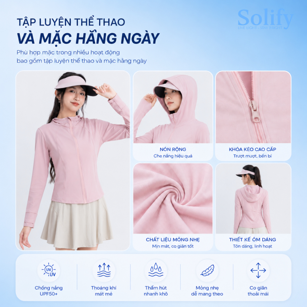 SOLIFY Áo Chống Nắng Slim Ôm Body UPF50+ Có Nón Khóa Kéo Mát Lạnh Thoáng Khí Thấm Hút Mồ Hôi