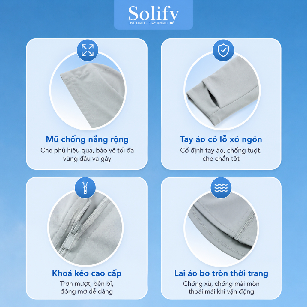 SOLIFY Áo Chống Nắng Slim Ôm Body UPF50+ Có Nón Khóa Kéo Mát Lạnh Thoáng Khí Thấm Hút Mồ Hôi