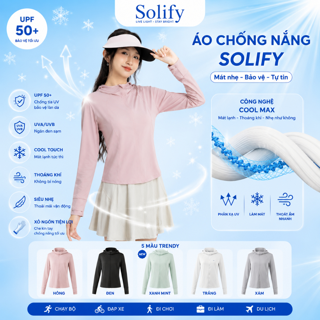 SOLIFY Áo Chống Nắng Slim Ôm Body UPF50+ Có Nón Khóa Kéo Mát Lạnh Thoáng Khí Thấm Hút Mồ Hôi
