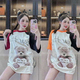 Áo thun chất cotton unisex tay lỡ form rộng in hình Gấu