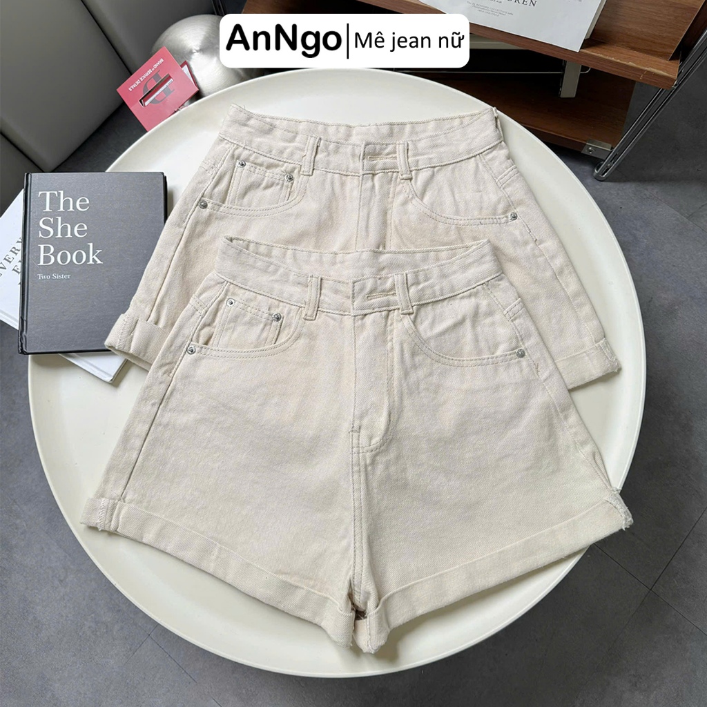 Quần short jean nữ lưng cao ống rộng xắn lai, chất vải jean không giãn cực xinh Anngo - AT561