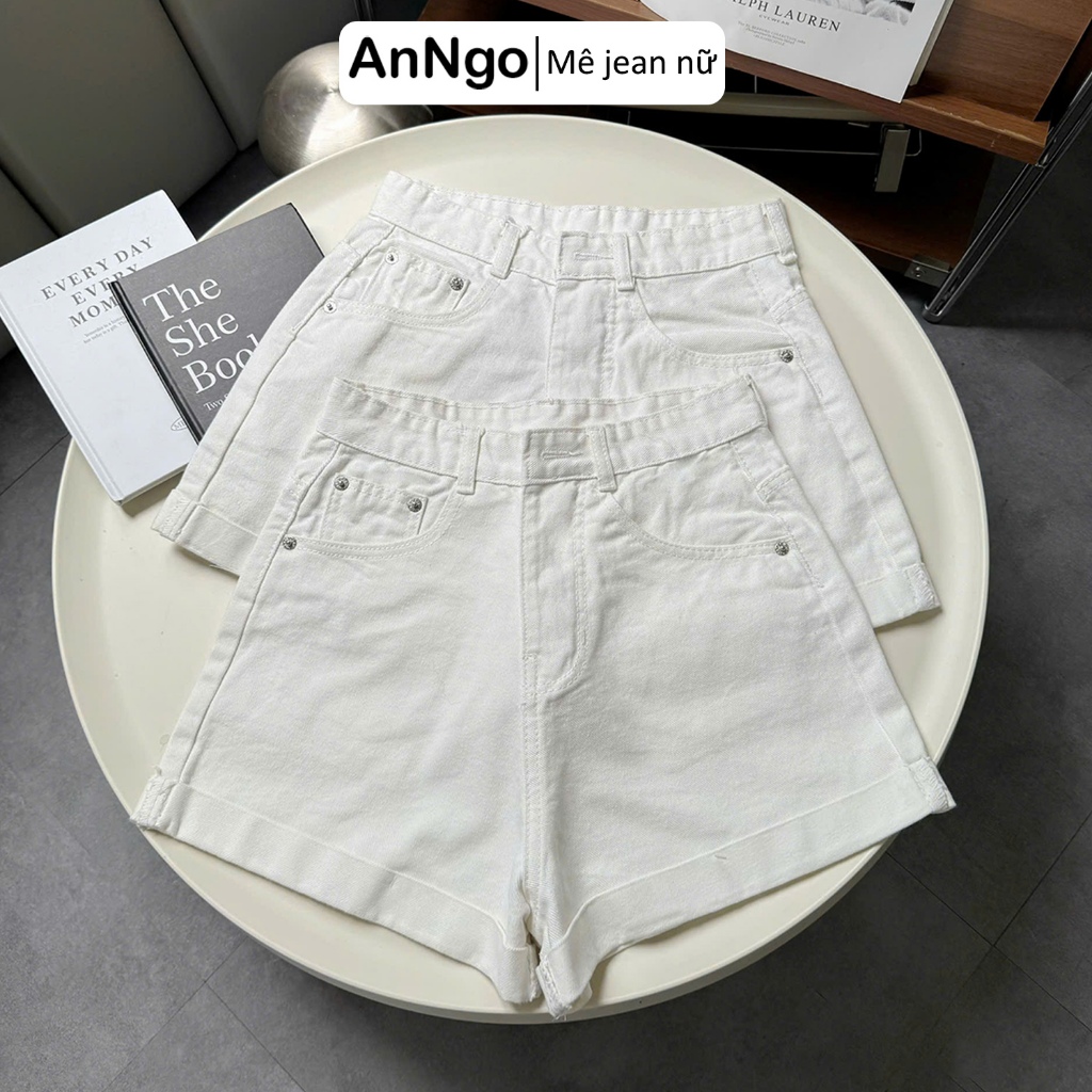 Quần short jean nữ lưng cao ống rộng xắn lai, chất vải jean không giãn cực xinh Anngo - AT561