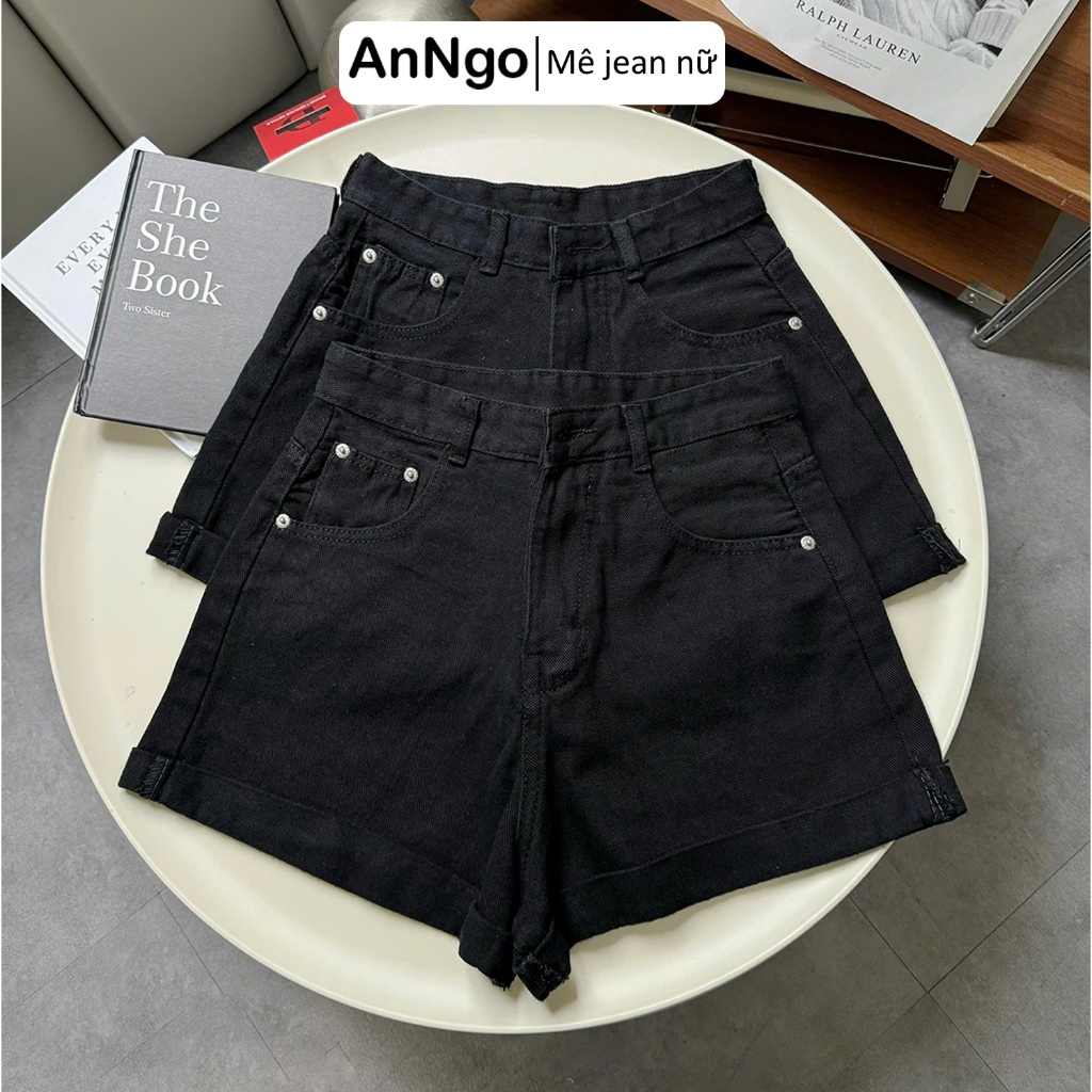 Quần short jean nữ lưng cao ống rộng xắn lai, chất vải jean không giãn cực xinh Anngo - AT561