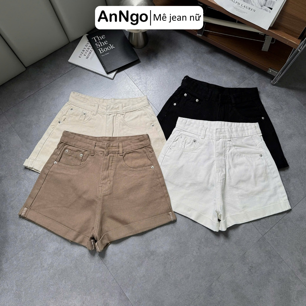 Quần short jean nữ lưng cao ống rộng xắn lai, chất vải jean không giãn cực xinh Anngo - AT561