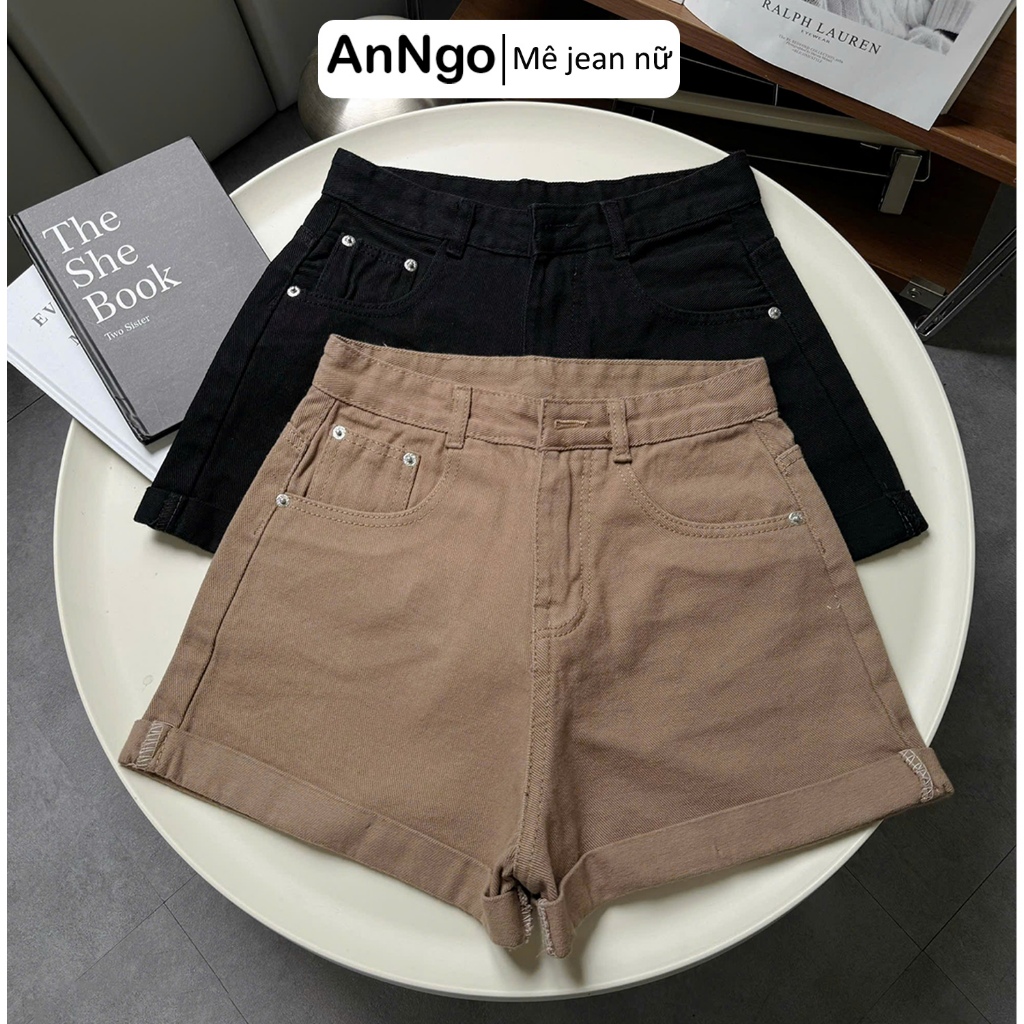 Quần short jean nữ lưng cao ống rộng xắn lai, chất vải jean không giãn cực xinh Anngo - AT561