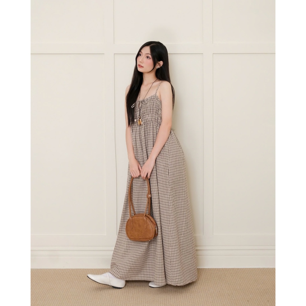 Đầm Nữ RISAY DRESS Form Dài Nhún Ngực Caro Nâu Vintage SECODEE