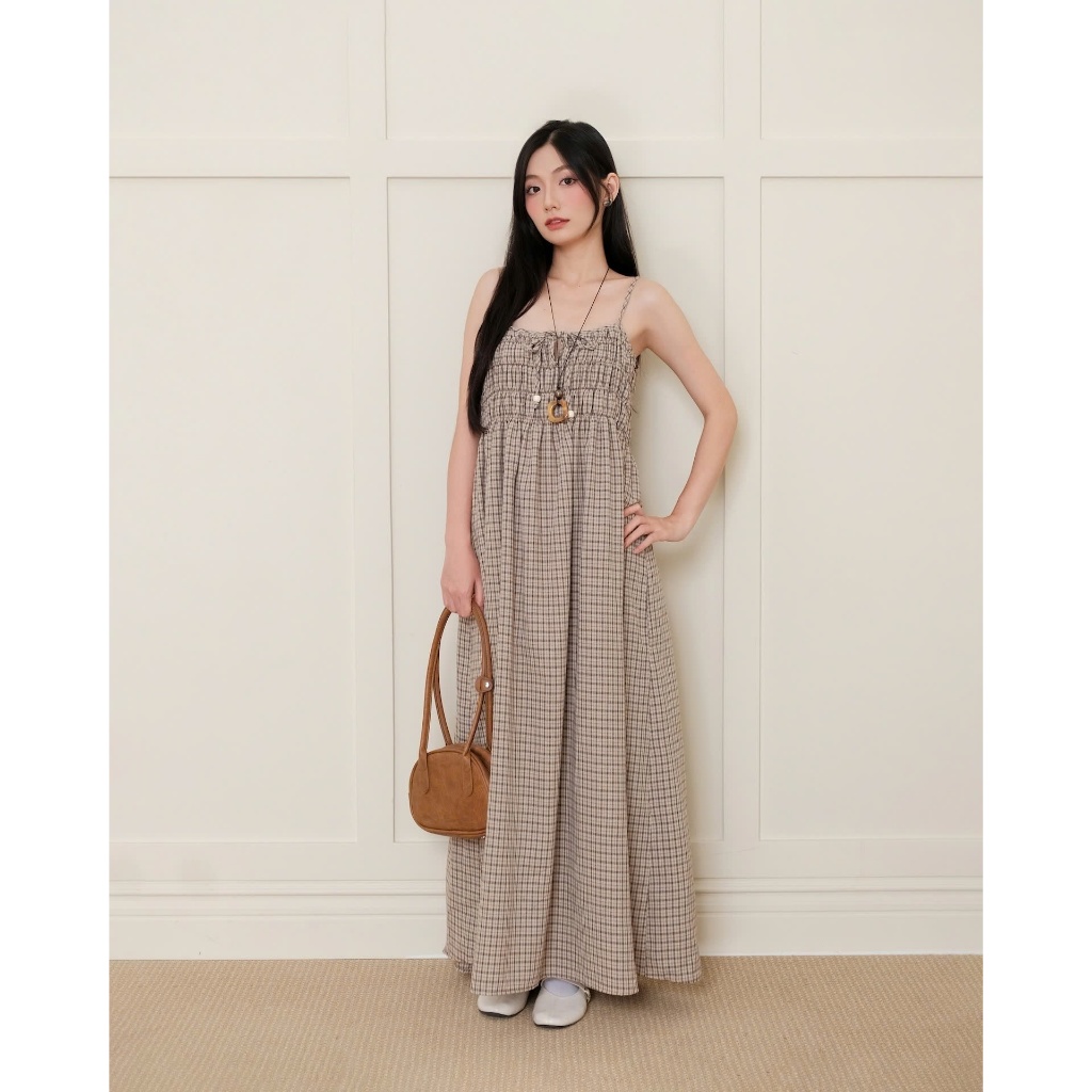 Đầm Nữ RISAY DRESS Form Dài Nhún Ngực Caro Nâu Vintage SECODEE