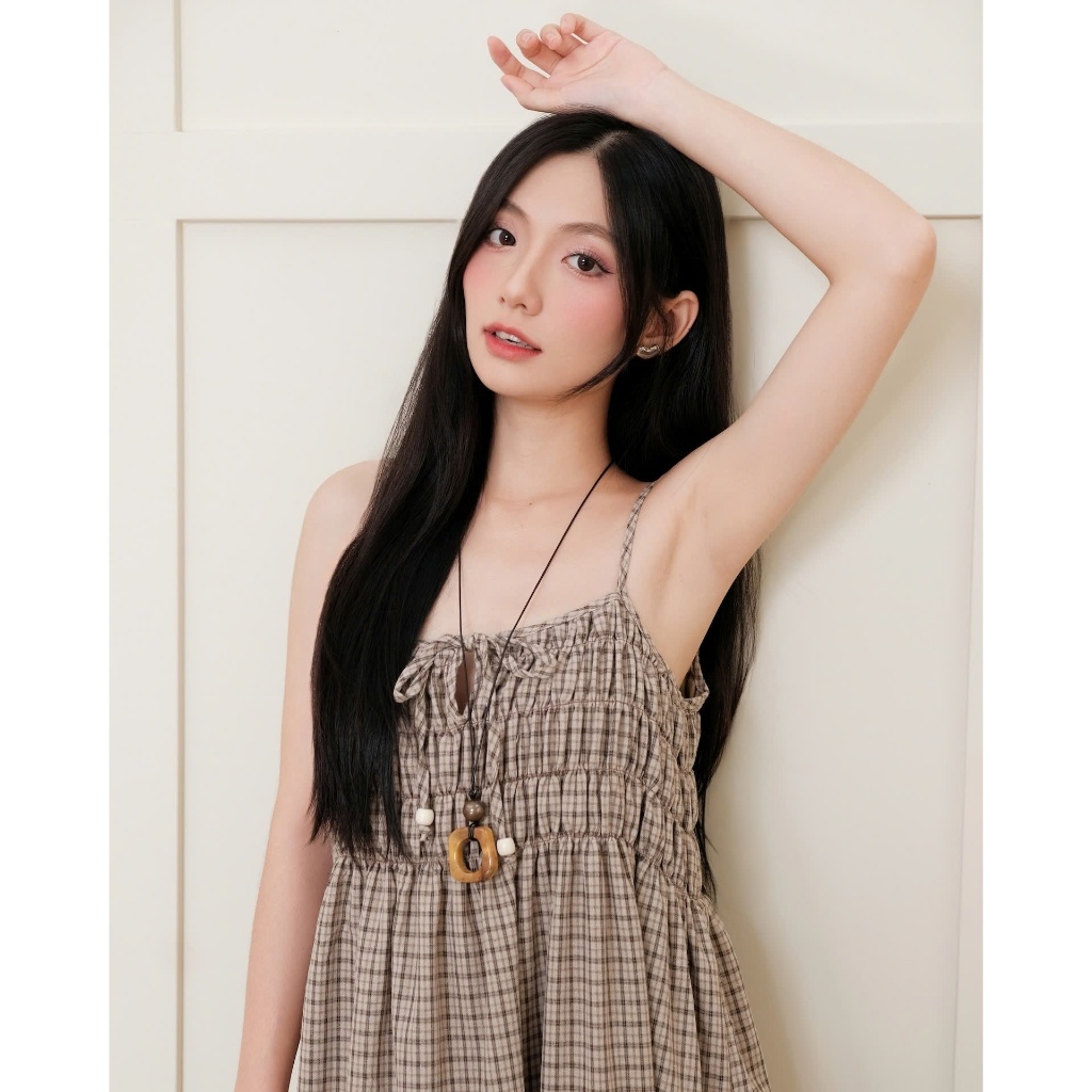 Đầm Nữ RISAY DRESS Form Dài Nhún Ngực Caro Nâu Vintage SECODEE