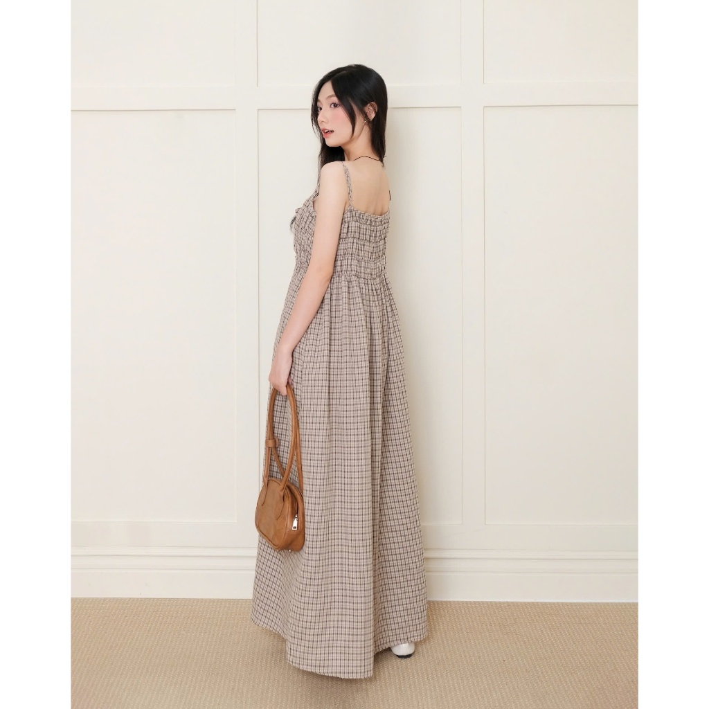 Đầm Nữ RISAY DRESS Form Dài Nhún Ngực Caro Nâu Vintage SECODEE