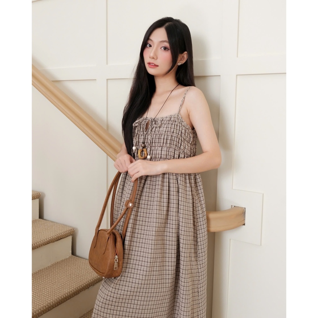 Đầm Nữ RISAY DRESS Form Dài Nhún Ngực Caro Nâu Vintage SECODEE