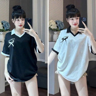 Áo Thun Freesize, Áo Phối Cổ Polo Thêu Tag Nơ, Chất Cotton Mát Mịn