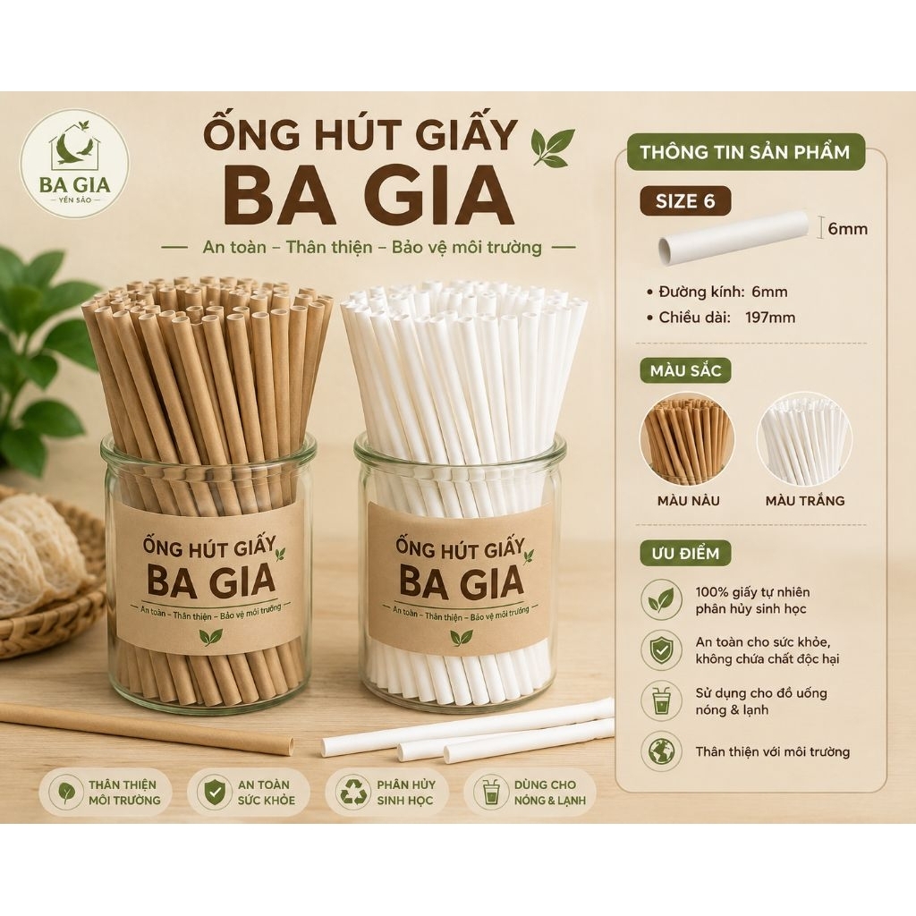 Ống hút Giấy Size 6 combo 200 ống màu nâu và trắng