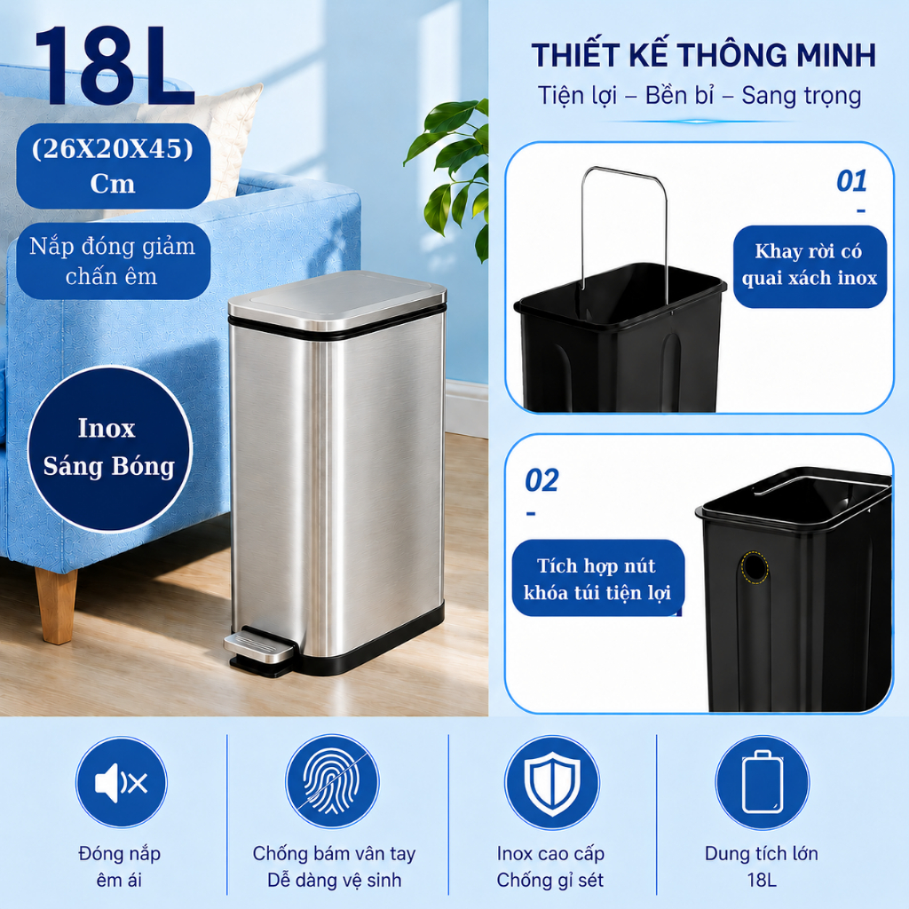Thùng Đựng Rác Có Nắp Đậy 8L,12L,18L, Màu Sắc Xinh Xắn Tiện Dụng Cho Phòng Khách / Phòng Ngủ / Nhà Bếp