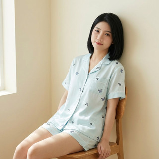 Bộ Đồ Ngủ Nữ Lụa Cước Ánh Kim Xanh Băng Họa Tiết Bướm Tay Ngắn Quần Short Pijama Cao Cấp