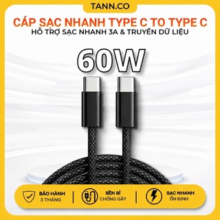 [60W] ​Cáp Sạc Nhanh Type C To Type C 60W , Sạc Nhanh 3A Và Truyền Dữ Liệu ,Bọc Dù Chắc Chắn Đủ Loại Màu Cho Dây Sạc
