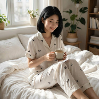 Bộ Đồ Ngủ Nữ Lụa Cước Ánh Kim Xanh Băng Họa Tiết Bướm Tay Ngắn Quần Dài Pijama Mặc Nhà Cao Cấp