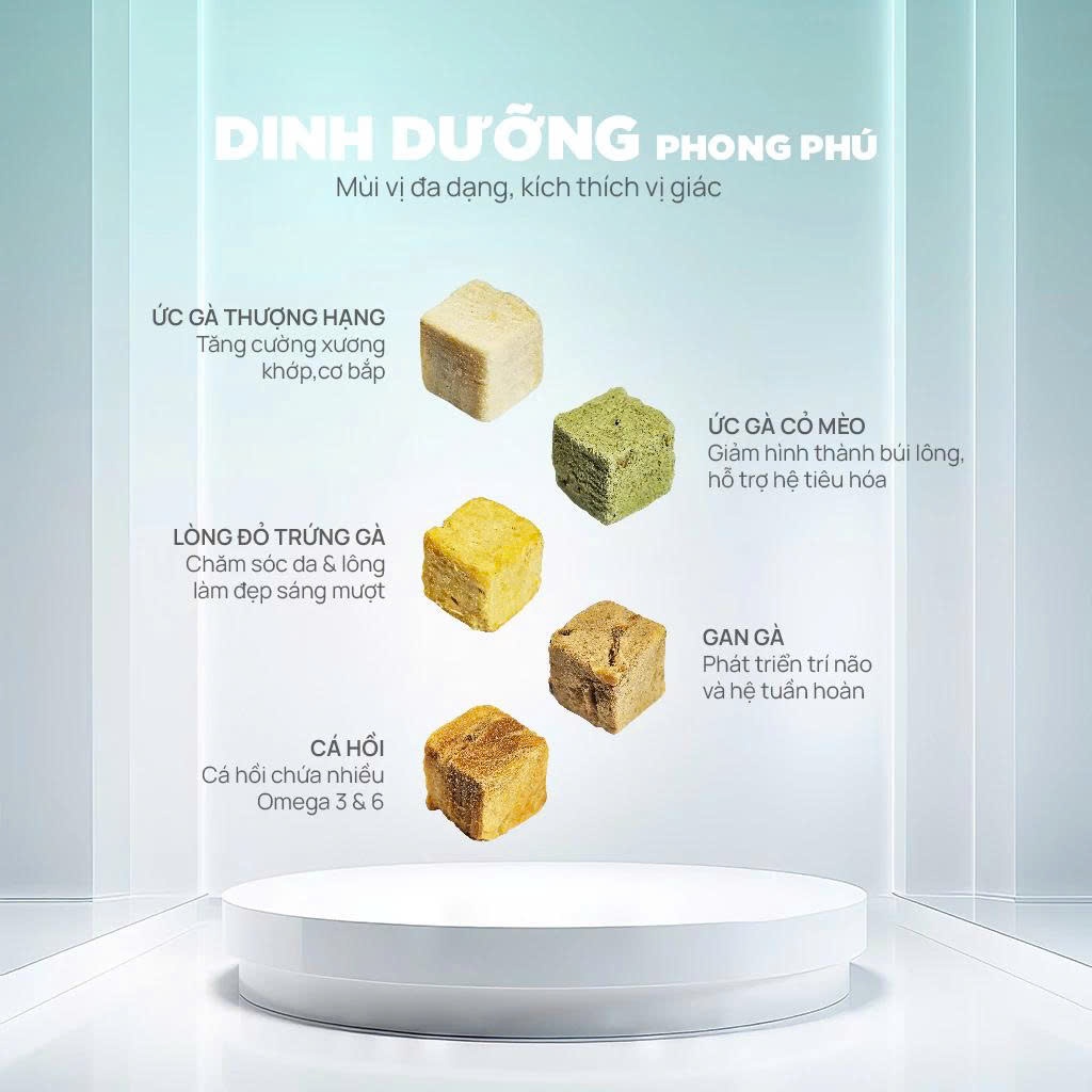 Thức ăn đông khô PET cho chó mèo, Viên gà sấy thăng hoa, Snack Ức gà Cỏ mèo Lòng đỏ trứng Gan gà