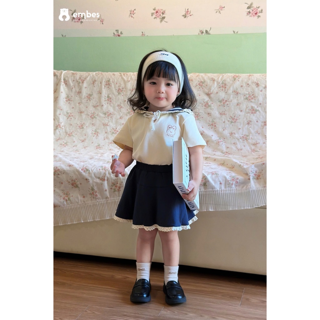 Set Váy Bé Gái Embes, Set Váy Thủy Thủ Phối Chân Váy Có Lót Trong Chất Cotton Cho Bé Gái Từ 8-17Kg