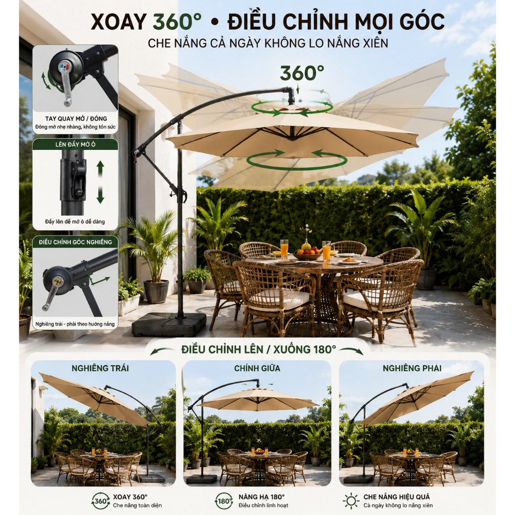 ô che nắng 3M ngoài trời xoay 360° dù gấp gọn che nắng sử dụng ngoài trời cafe sân vườn Ô Chắc Chắn
