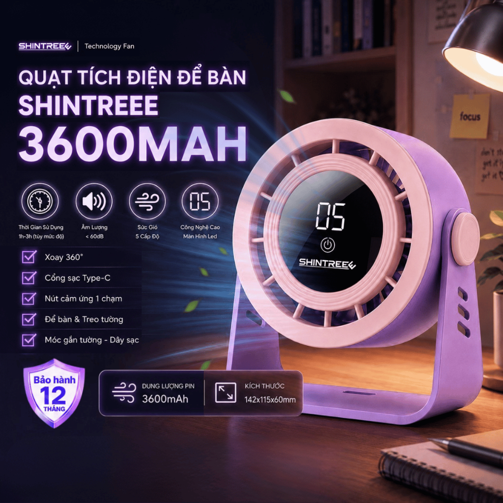 [TẶNG QUÀ] Quạt Để Bàn Mini SHINTREEE 3600mAh 5 Mức Độ Gió Màn Hình Số Bảo Hành 12 Tháng