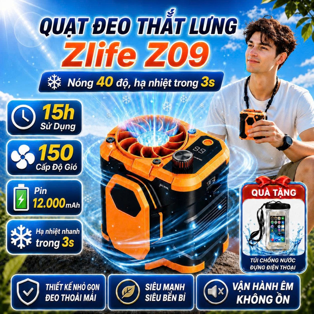 Quạt Đeo Thắt Lưng Tích Điện Gió Siêu Mát, Áo Quạt Điều Hòa Pin 12.000mAh Thời Gian Dùng 7-15h Có Cổng Sạc Điện Thoại