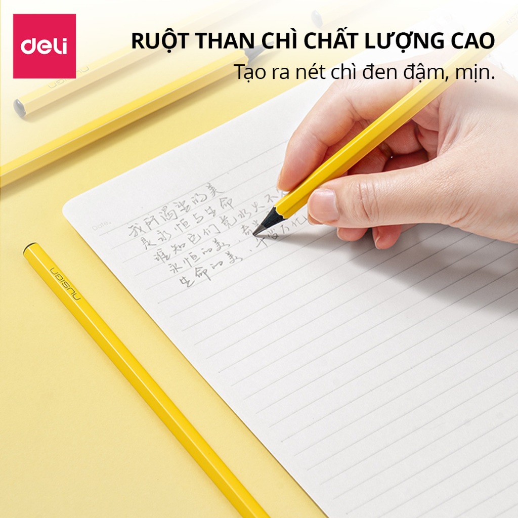 Hộp Bút Chì Gỗ Deli Nusign Cao Cấp Ngòi 2B/HB Viết Êm Tay Lõi Chì Khó Gãy Ít Bụi Cho Học Sinh Tô Trắc Nghiệm Tập Viết