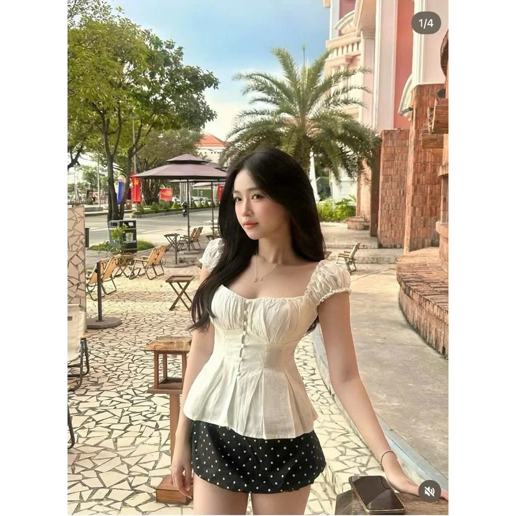 Áo Kiểu Nữ Cổ Vuông Tay Ngắn Cánh Tiên Nhún Bèo Chiết Eo Bo Chun Sau Cúc Bọc Dáng Phồng Xòe Tiểu Thư