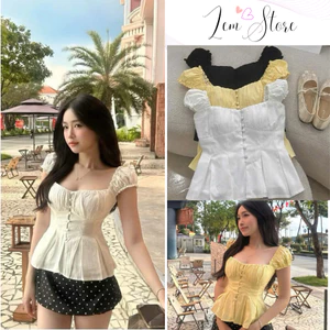 Áo Kiểu Nữ Cổ Vuông Tay Ngắn Cánh Tiên Nhún Bèo Chiết Eo Bo Chun Sau Cúc Bọc Dáng Phồng Xòe Tiểu Thư