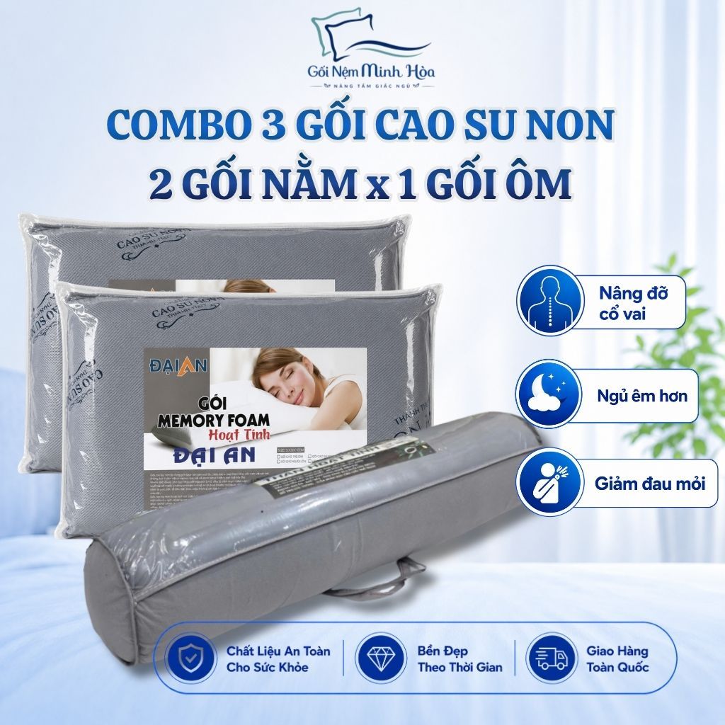 [Combo 3 Gối] Gối Cao Su Non Memory Foam - 2 Gối Nằm 1 Gối Ôm, An Toàn Khi Sử Dụng, Thoáng Mát, Êm Ái