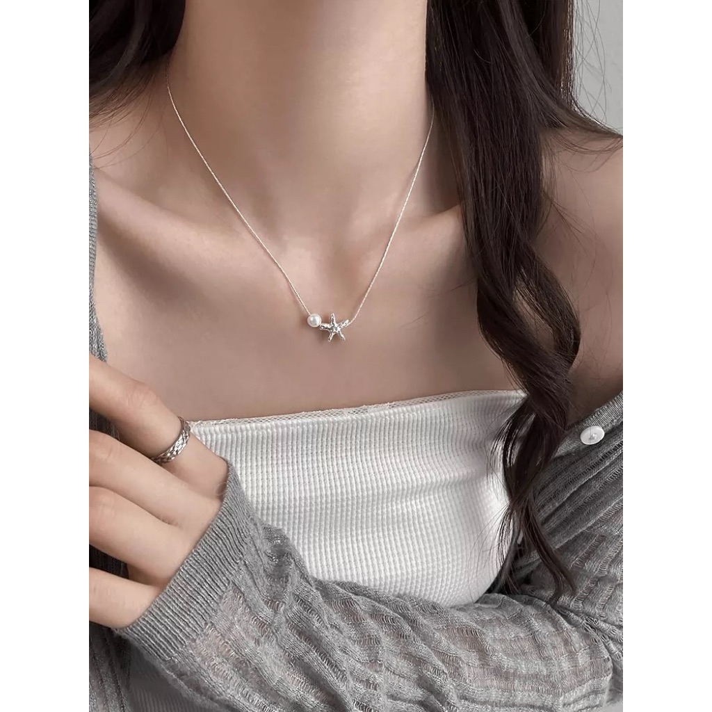 (Sợi Mảnh) Vòng cổ sợi Mảnh ngôi Sao mạ bạc mix hạt trai phong cách Hàn Quốc | BigBuy360 - bigbuy360.vn