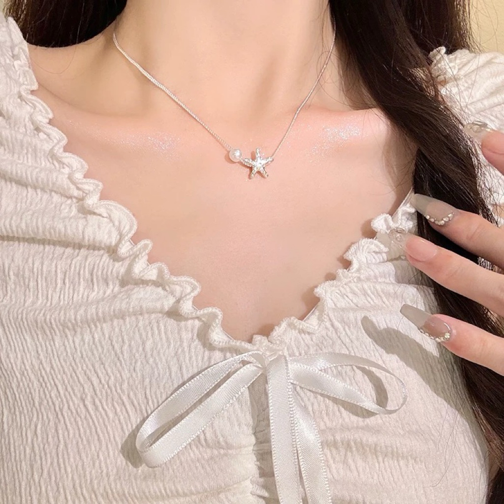 (Sợi Mảnh) Vòng cổ sợi Mảnh ngôi Sao mạ bạc mix hạt trai phong cách Hàn Quốc | BigBuy360 - bigbuy360.vn