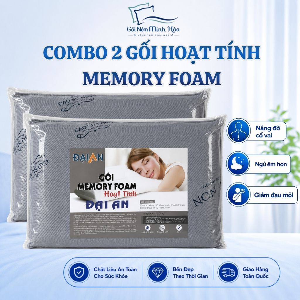 [Combo 2 Gối] Gối Memory Foam Hoạt Tính - Êm Ái, Nâng Đỡ Cổ Vai Gáy, Thoáng Khí, Kháng Khuẩn, An Toàn Khi Sử Dụng
