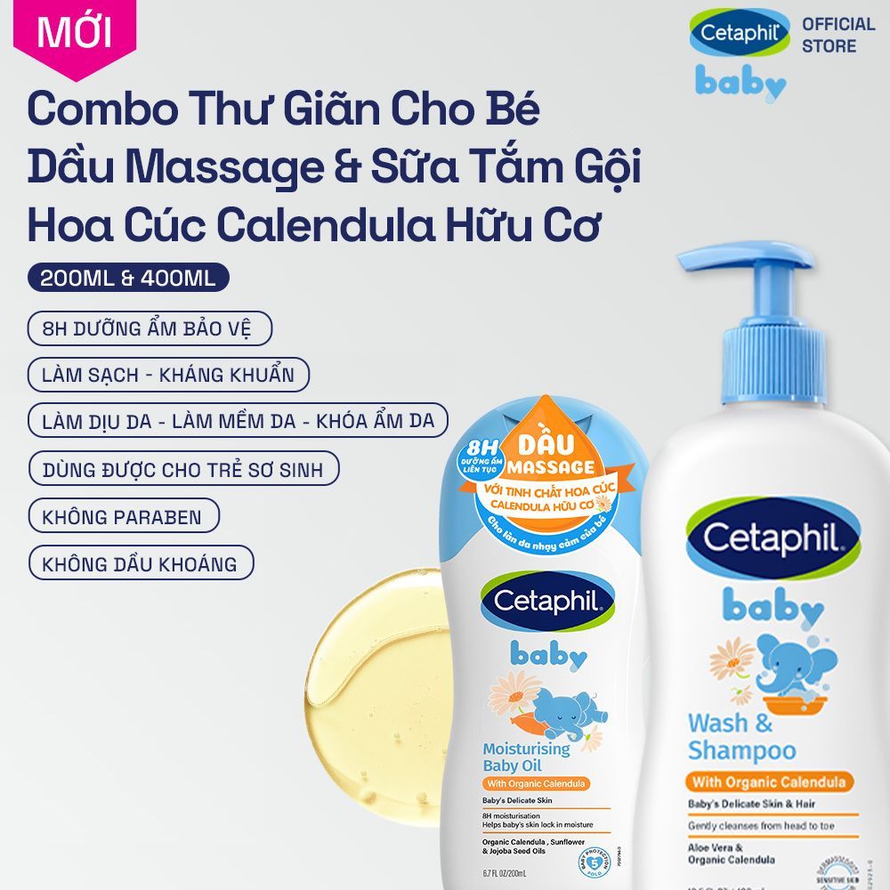 [CETAPHIL X HANNAH] Combo Sữa tắm gội dưỡng ẩm dịu lành hoa cúc Calendula hữu cơ 400ML & Dầu massage Calendula Oil 200ML