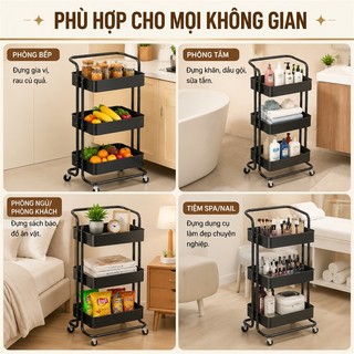 BMZAR Kệ Xe Đẩy Spa 3 Tầng Đa Năng Thép Carbon Có Tay Vịn Xe Đẩy Để Đồ Bỉm Sữa Chịu Lực Tốt