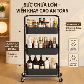 BMZAR Kệ Xe Đẩy Spa 3 Tầng Đa Năng Thép Carbon Có Tay Vịn Xe Đẩy Để Đồ Bỉm Sữa Chịu Lực Tốt