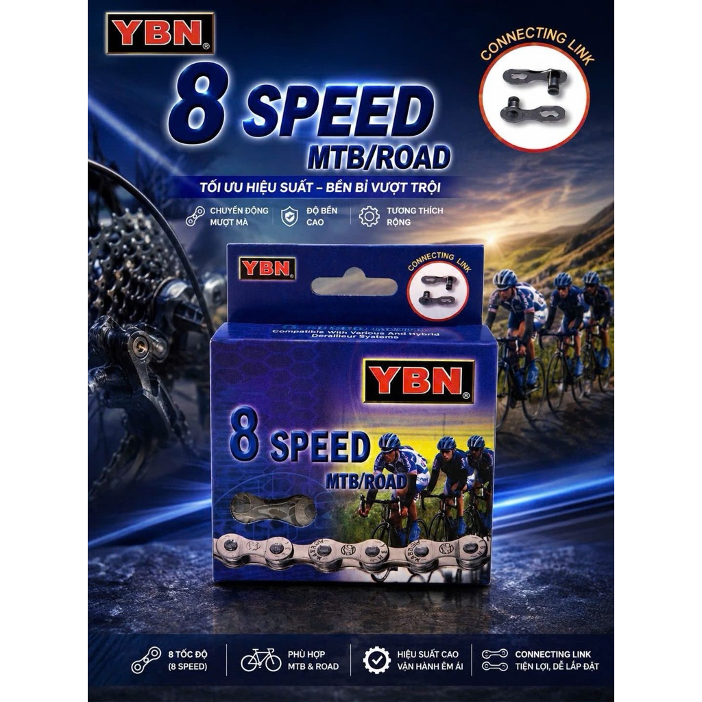 Sên Xích Xe Đạp 8 Tốc Độ YBN S8-S2  Đài Loan Kèm Khoá Sên