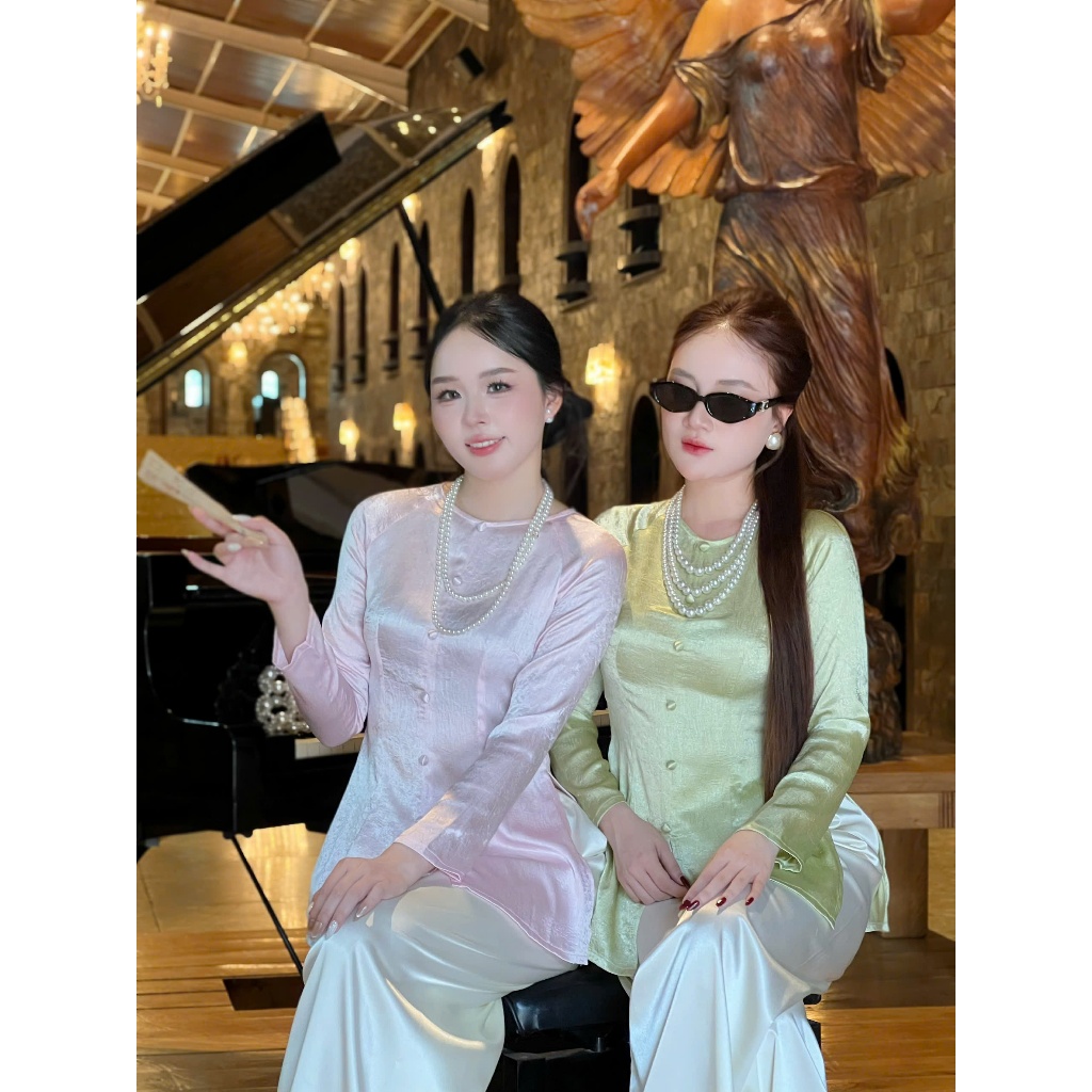 Hân Nguyễn Áo Bà Ba - B.A199 Lụa TiTan Ánh Kim Nhũ Sáng Cổ Tròn Dây Kéo Nút Bọc Nụ (Quần Cùng Chất Lưng Thun)