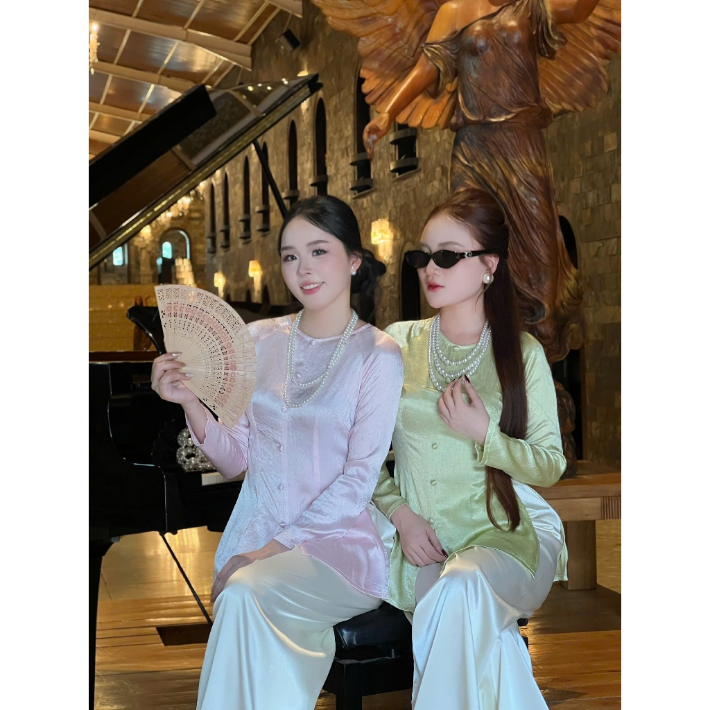 Hân Nguyễn Áo Bà Ba - B.A199 Lụa TiTan Ánh Kim Nhũ Sáng Cổ Tròn Dây Kéo Nút Bọc Nụ (Quần Cùng Chất Lưng Thun)