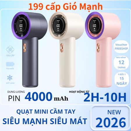 Quạt cầm tay tuabin tốc độ cao 2026|199 cấp Gió Mạnh|4000mAh|Sạc Type-C|Siêu làm mát，Nhỏ gọn, di động