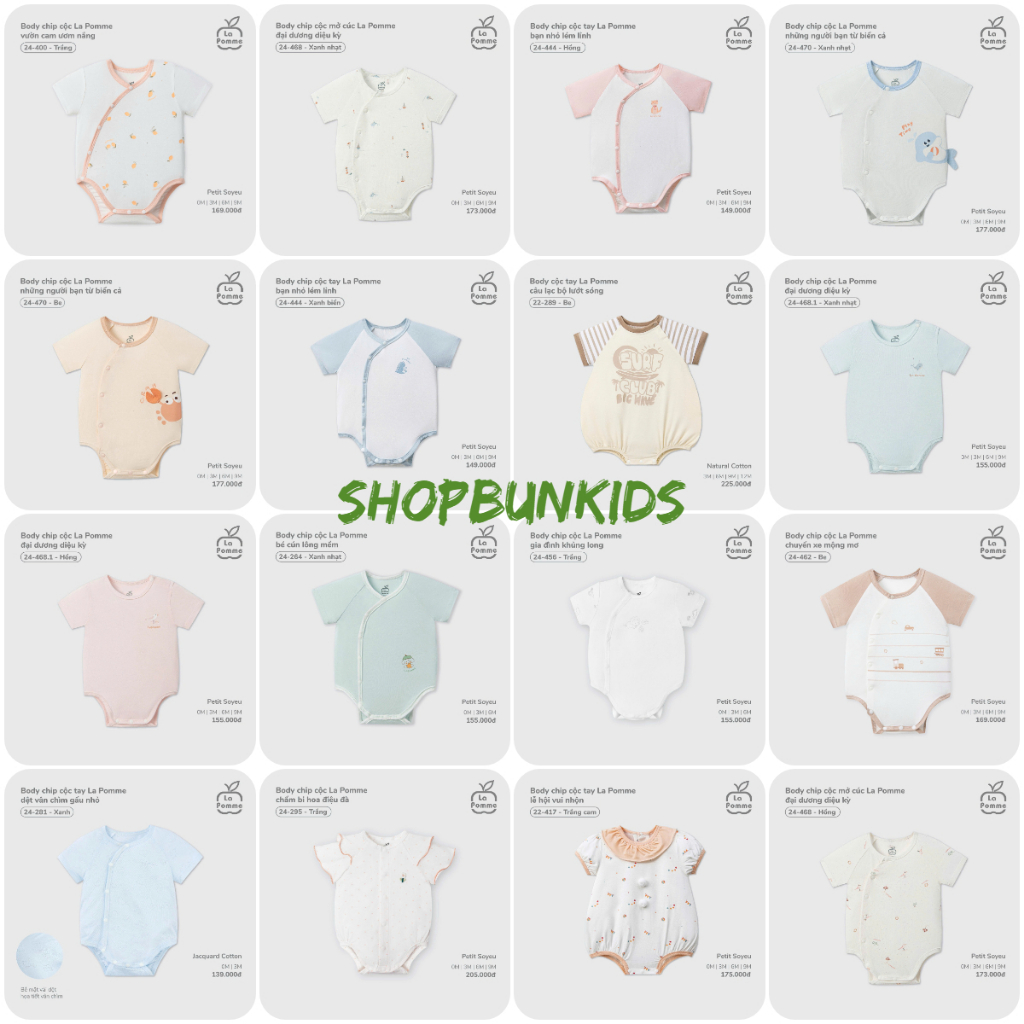 Body chip cộc tay La Pomme  , body chip cộc Lapomme Bộ bodysuit liền cộc tay bé sơ sinh vải hè mỏng mát