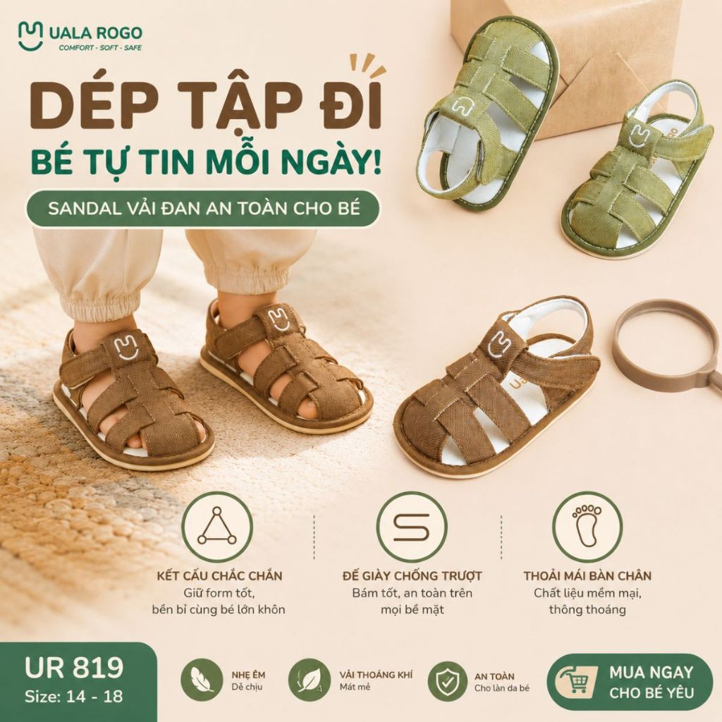 Dép cho bé tập đi Ualarogo sandal đế cao su chống trượt xăng đan quai dán điều chỉnh D3
