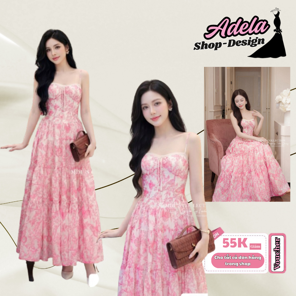 Váy Công Sở ADELA DESIGN Mango Ý Họa Tiết Hồng Thanh Lịch Dịu Dàng MDU5976