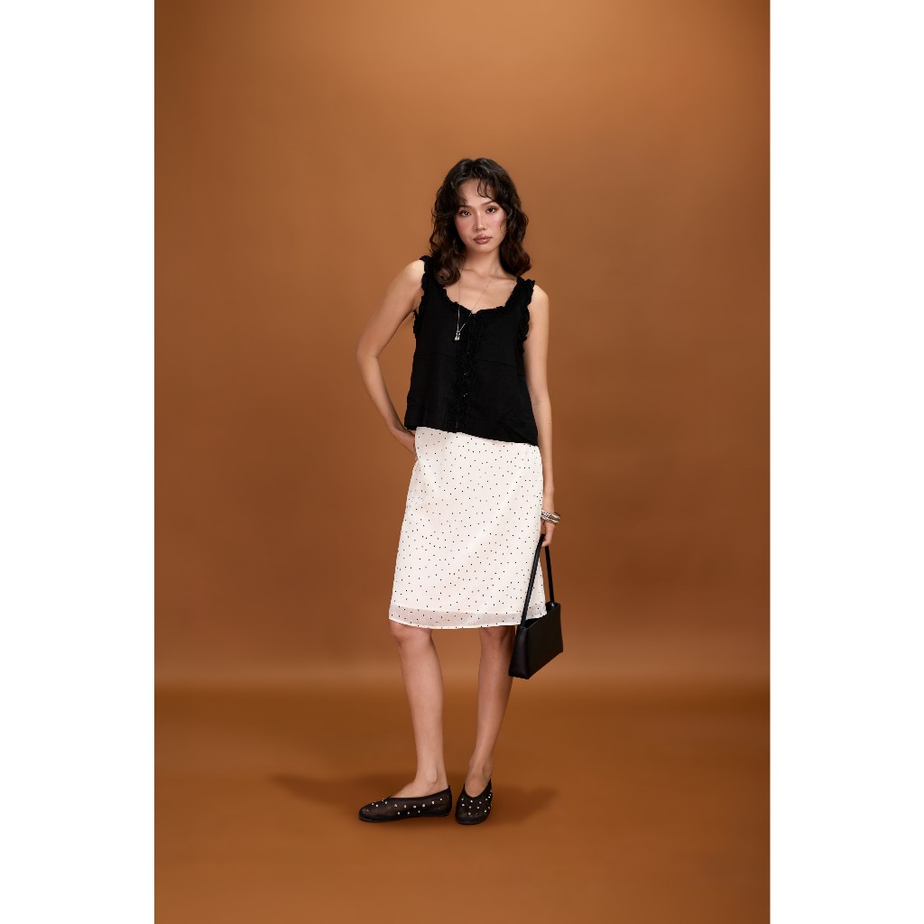 Chân váy nữ dáng midi Lia Miều Est.2013 họa tiết chấm bi chất vải voan