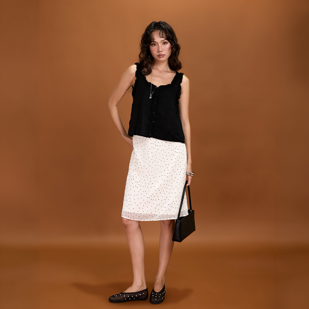 Chân váy nữ dáng midi Lia Miều Est.2013 họa tiết chấm bi chất vải voan