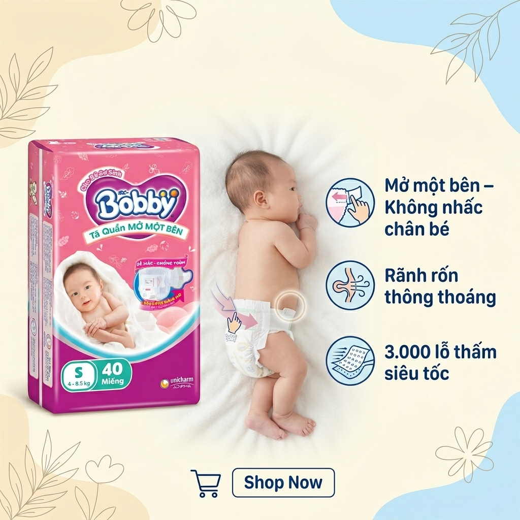 TÃ QUẦN MỞ MỘT BÊN BOBBY SIZE S40 (4 - 8.5KG) - ĐỘT PHÁ CHO BÉ SƠ SINH