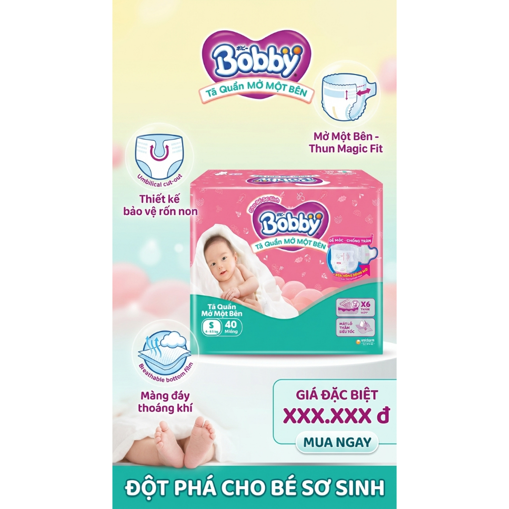 TÃ QUẦN MỞ MỘT BÊN BOBBY SIZE S40 (4 - 8.5KG) - ĐỘT PHÁ CHO BÉ SƠ SINH