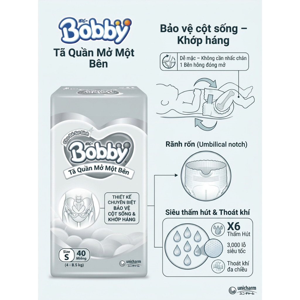 TÃ QUẦN MỞ MỘT BÊN BOBBY SIZE S40 (4 - 8.5KG) - ĐỘT PHÁ CHO BÉ SƠ SINH