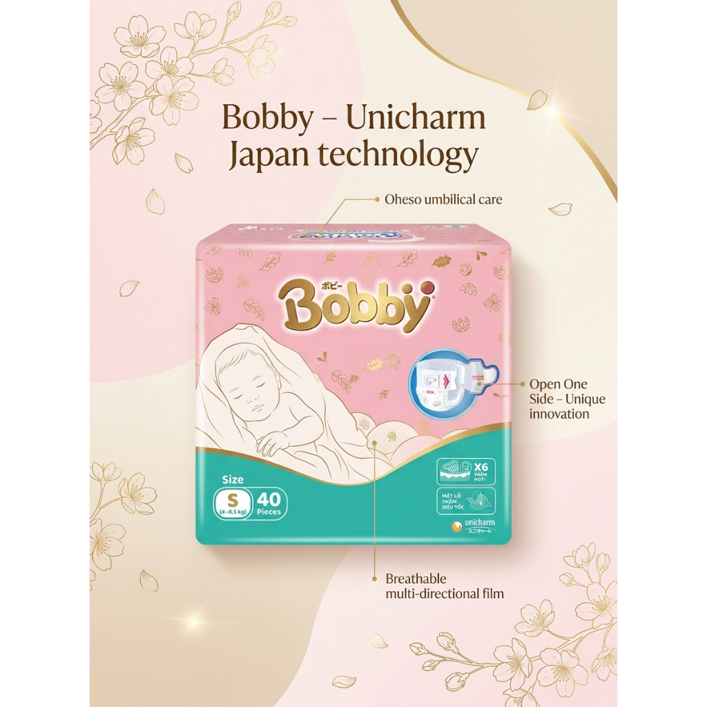TÃ QUẦN MỞ MỘT BÊN BOBBY SIZE S40 (4 - 8.5KG) - ĐỘT PHÁ CHO BÉ SƠ SINH